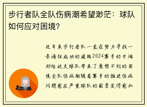 步行者队全队伤病潮希望渺茫：球队如何应对困境？