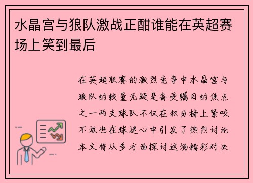 水晶宫与狼队激战正酣谁能在英超赛场上笑到最后