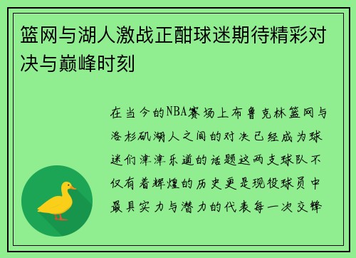 篮网与湖人激战正酣球迷期待精彩对决与巅峰时刻