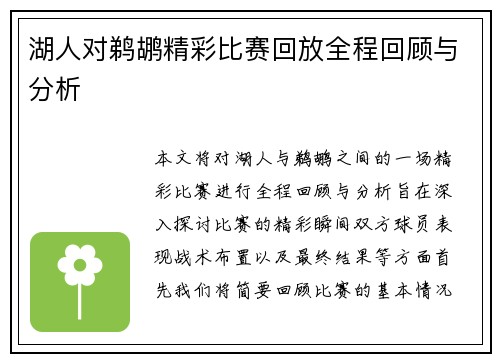 湖人对鹈鹕精彩比赛回放全程回顾与分析