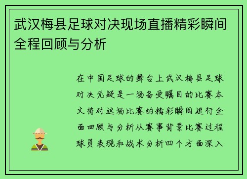 武汉梅县足球对决现场直播精彩瞬间全程回顾与分析